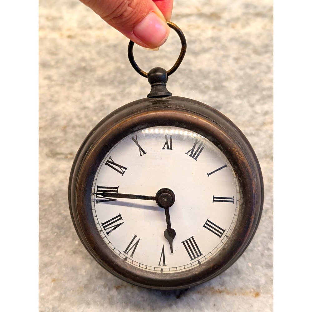 Pottery Barn Pocket Watch Clock Small 4" Bronze Brass Roman Numeral Table Clock
